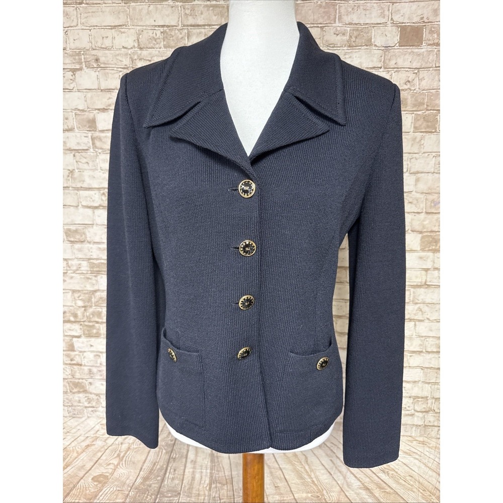 St. John Collection Blazer Women Size 8 Black Wool Blend Knit dog show gold v